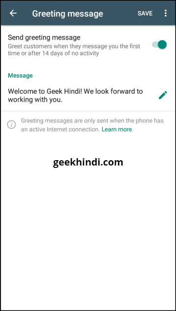 greeting message - whatsapp business app