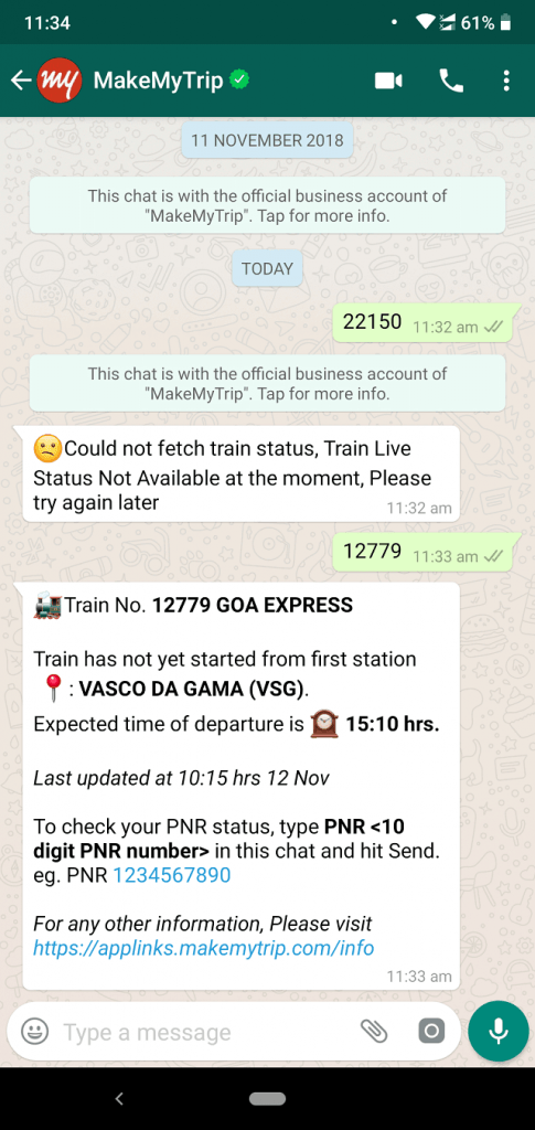 live train status using whatsapp