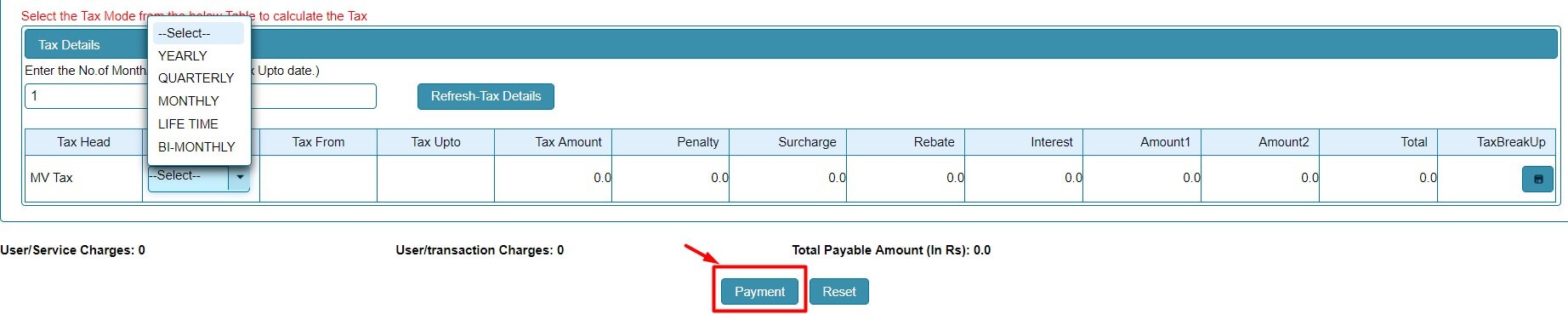 click on payment button to pay vehicle road tax
