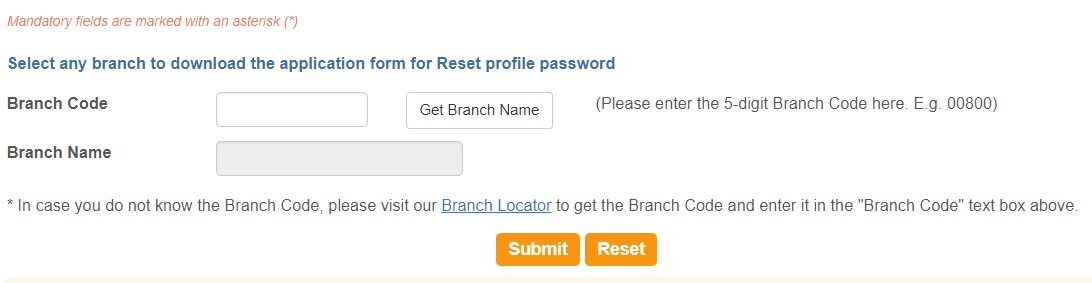 enter branch code to get sbi profile password reset form