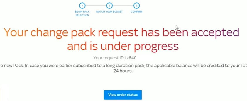 tata sky pack change completed