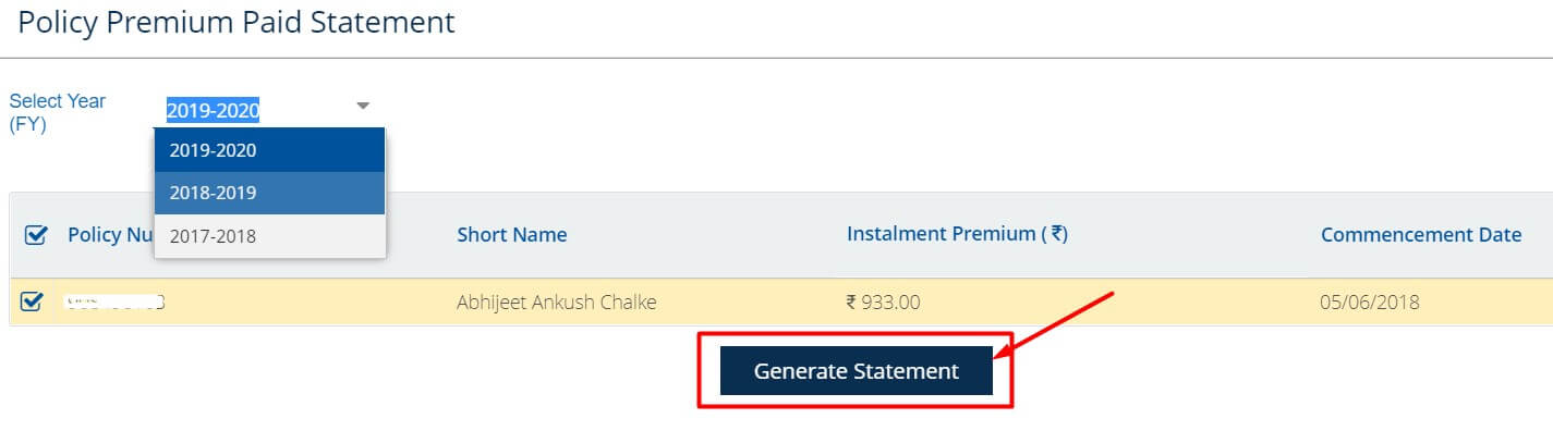 select year and policy number to download statement