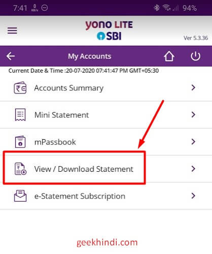 click on download statement in yono lite app