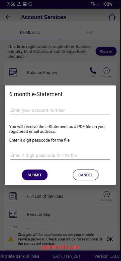 enter account number and password to download e statement in sbi quick app