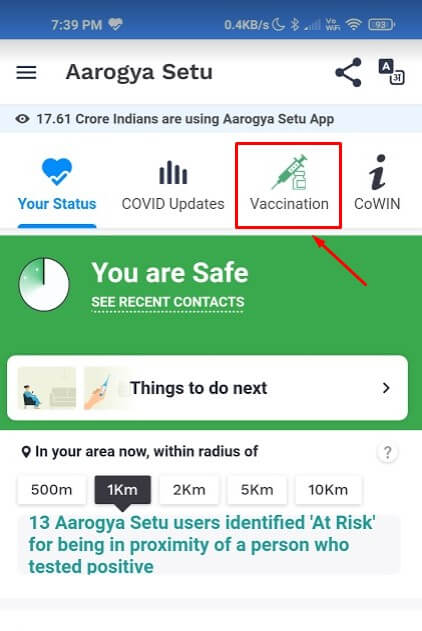 click on vaccination in aarogya setu app