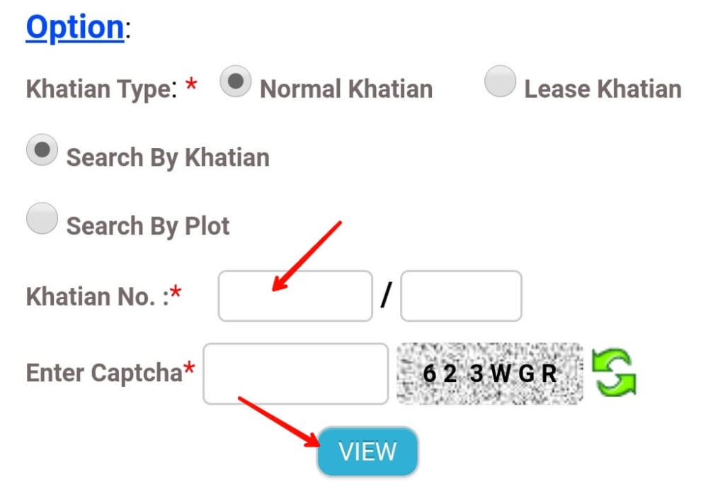 enter khatian number and click on view